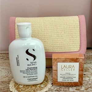 Alfaparf Shampoo and Laura Geller Foundation with Lancôme clutch